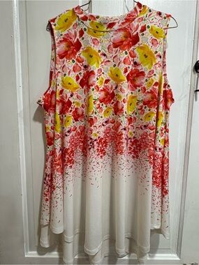 Lane Bryant White Floral Sleeveless Long Tunic with Yellow & Coral Blooms